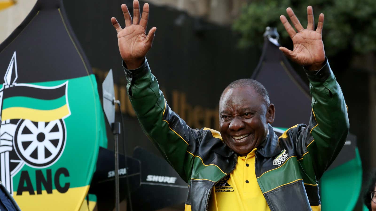 President Cyril Ramaphosa waves to supporters at an election victory rally in Johannesburg, South Africa,