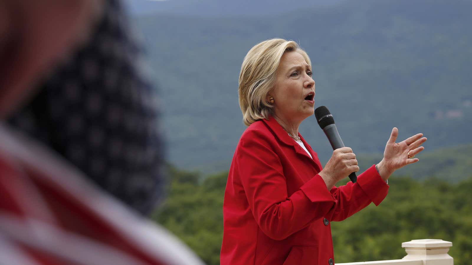 Former US secretary of state and Democratic candidate for president Hillary Clinton warns supporters of an increasingly aggressive China during a campaign event in New Hampshire on July 4, 2015.