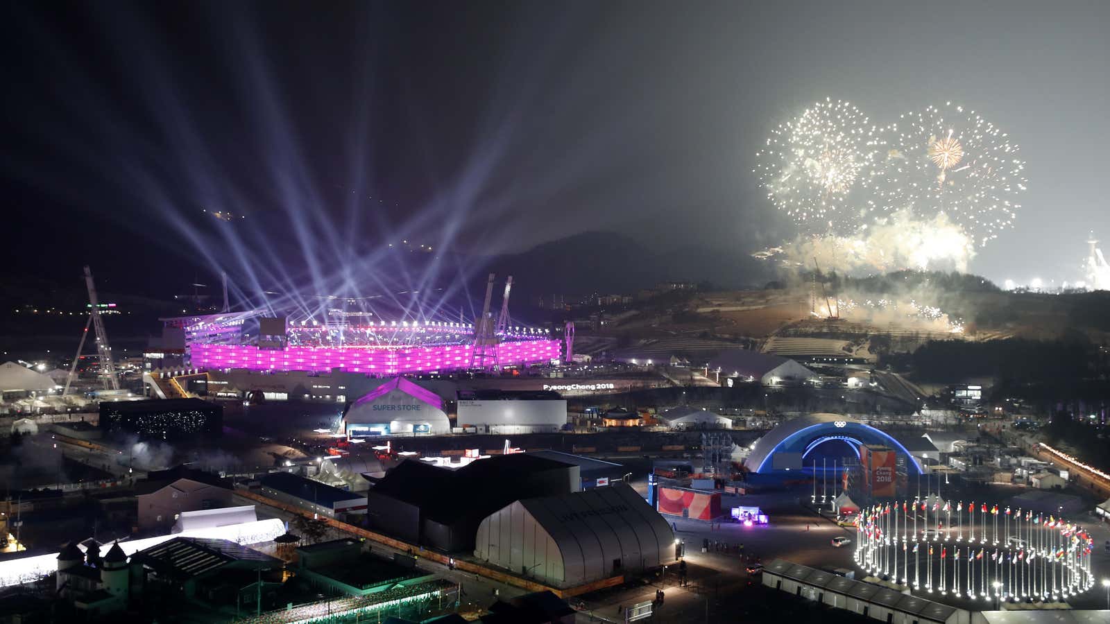 Fireworks over the Pyeongchang Olympic Stadium in South Korea.