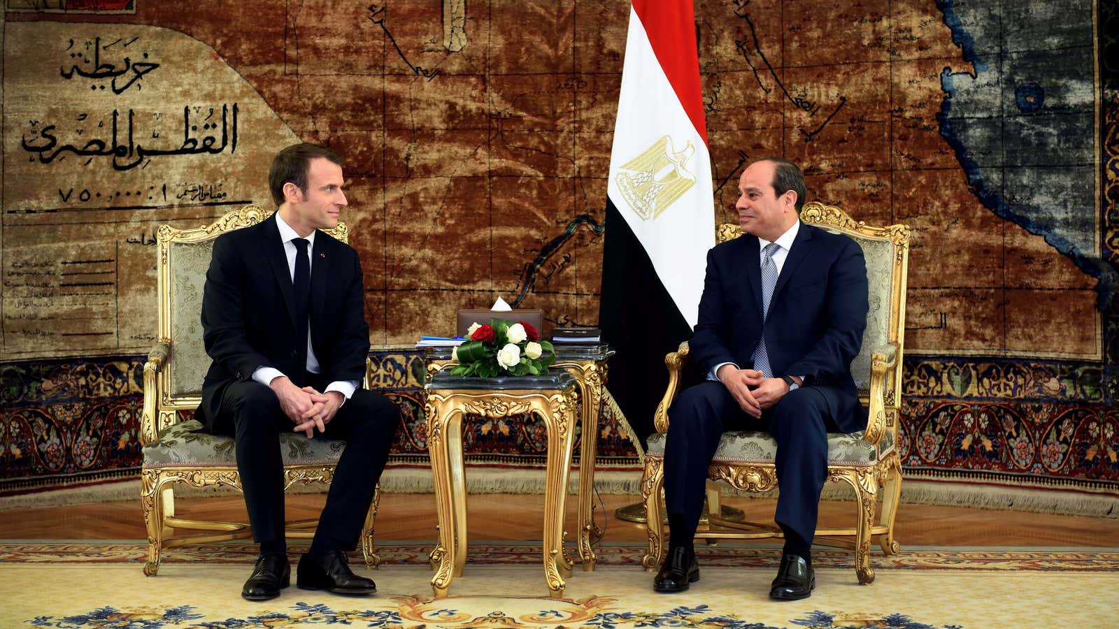 Egypt’s president al-Sisi with French president Macron at the presidential palace Cairo, Egypt, Jan. 28, 2019