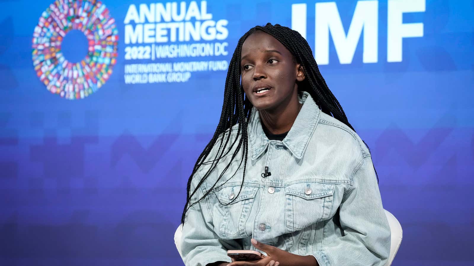 Ugandan climate activist Vanessa Nakate participates in a discussion on climate change at the IMF headquarters during its annual meetings on October 10, 2022 in Washington, DC.Â 