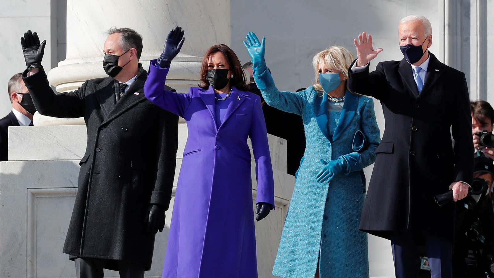 From left, Doug Emhoff, Kamala Harris, Jill Biden, and Joe Biden all dressed up for the inauguration.