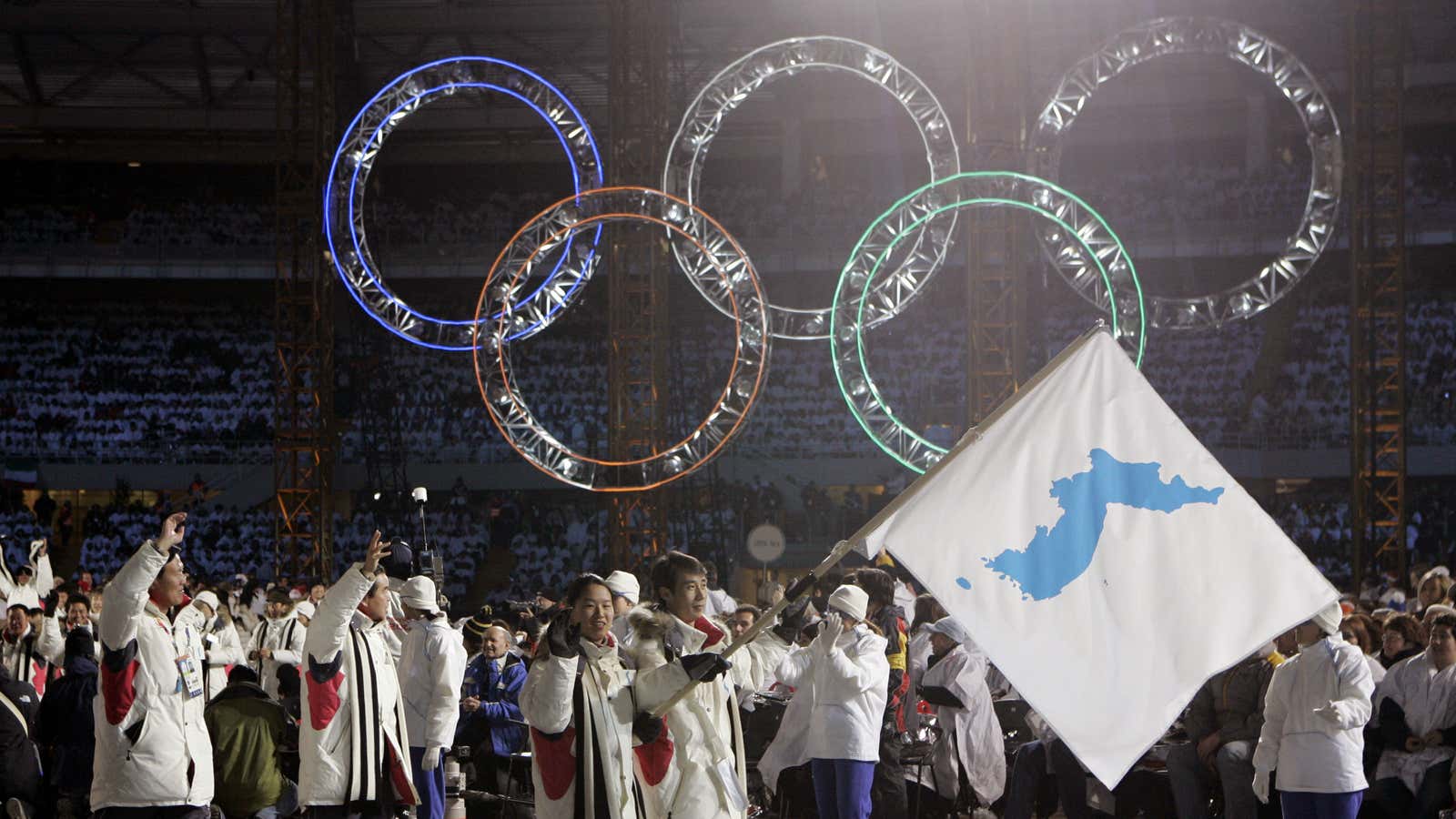 During the 2006 Winter Olympics opening ceremony in Turin, Italy, North and South Korea carried a “unification” flag.