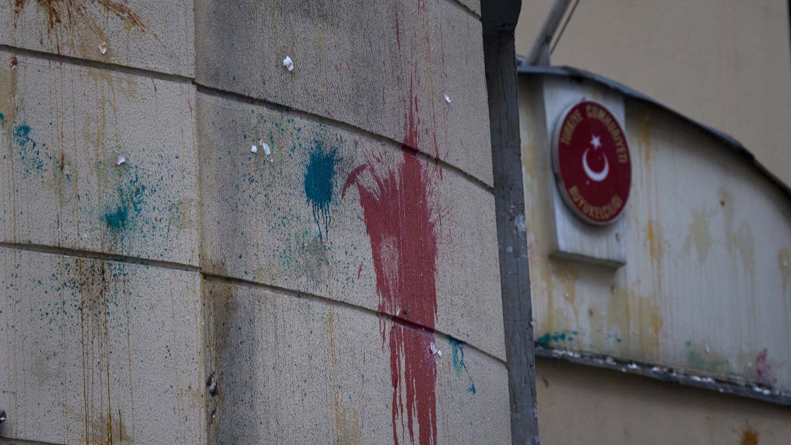 Protesters hurled eggs and paint at the Turkish embassy in Moscow on Nov. 25, in response to Turkey’s downing of a Russian jet.