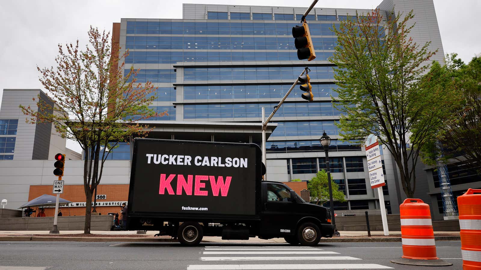 A &quot;Tucker Carlson Knew&quot; van drove around Wilmington, Delaware during pre-trial deliberations.