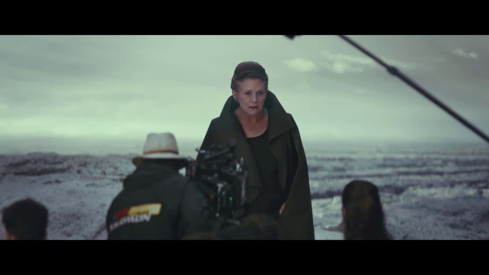 The late Carrie Fisher being filmed for “The Last Jedi.”