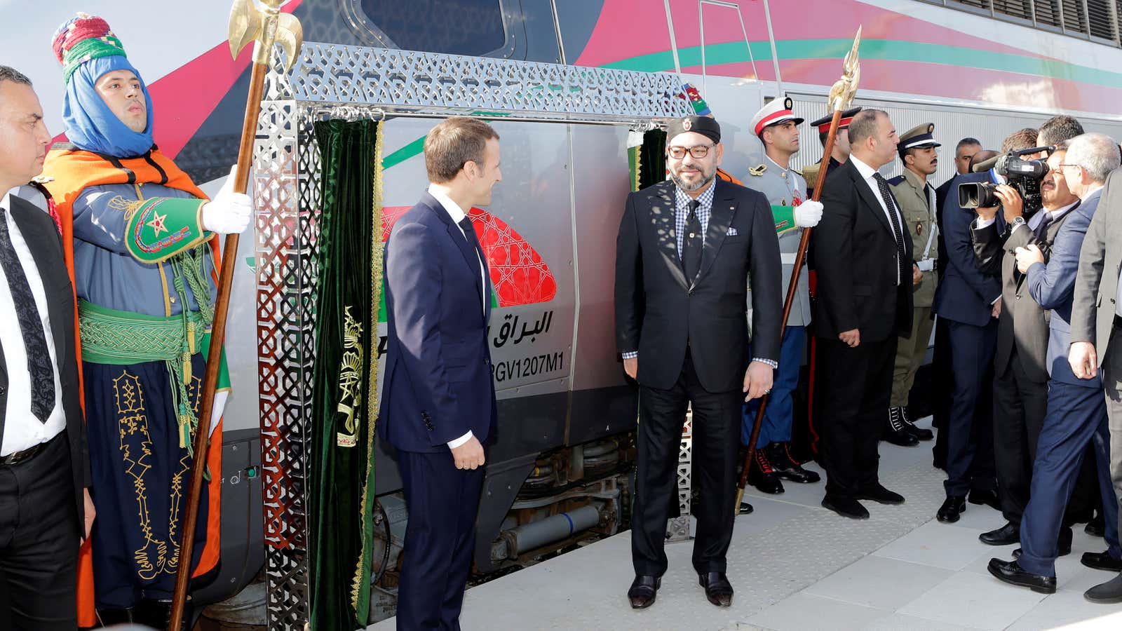 French President Emmanuel Macron and Moroccan King Mohammed VI arrive to attend the launch of the High Speed Train to operate in Africa Tangier, Morocco, Nov. 15.