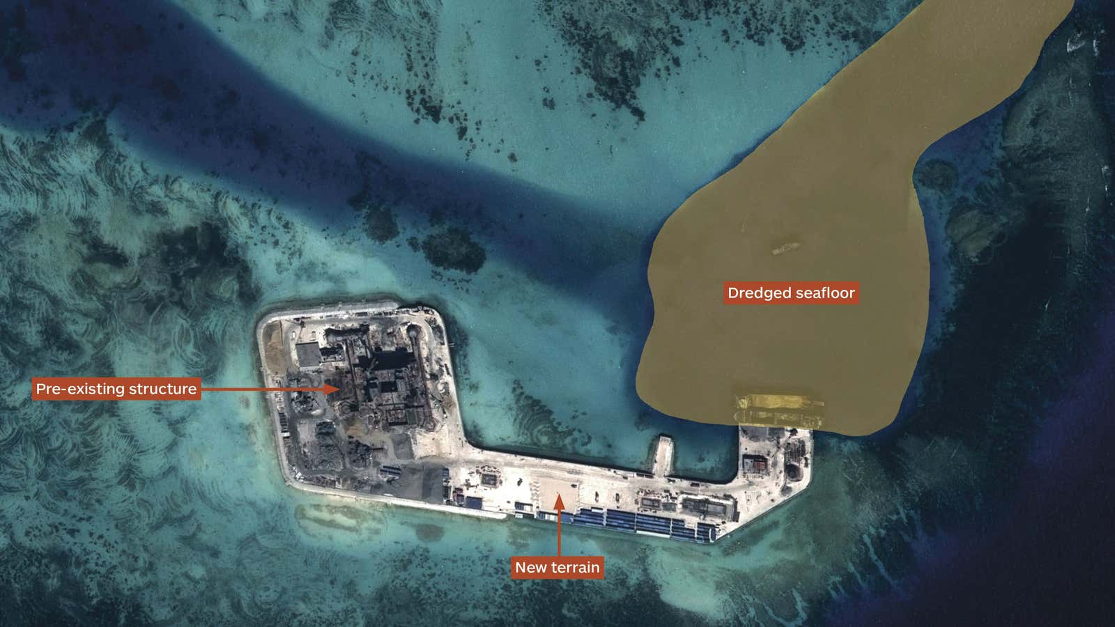 Airbus Defence and Space imagery shows the result of Chinese land reclamation at Hughes Reef in the South China Sea’s Union Banks.