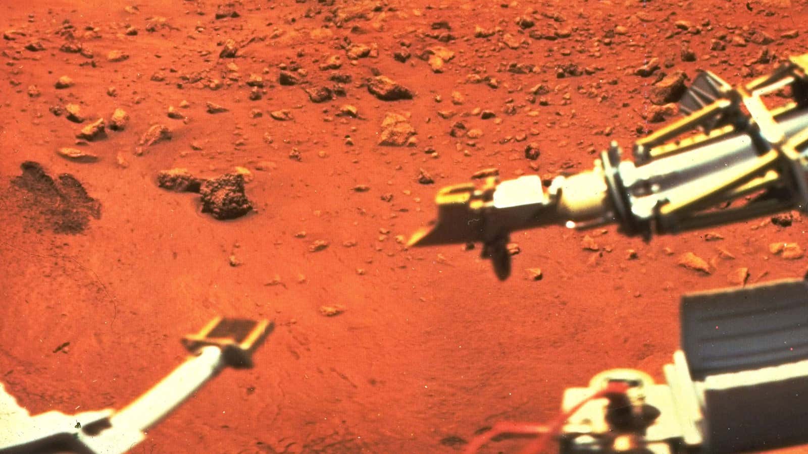 The first color photograph taken on the surface of Mars, by the Viking I lander on July 21, 1976.