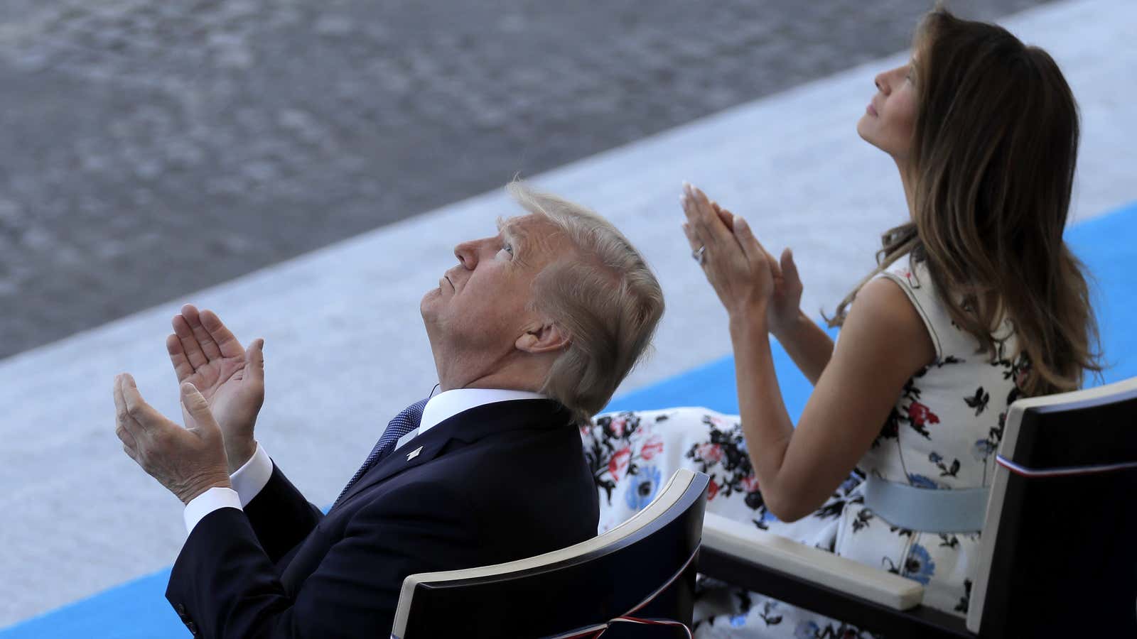 The Trumps watch an aerial show at France’s Bastille Day parade.