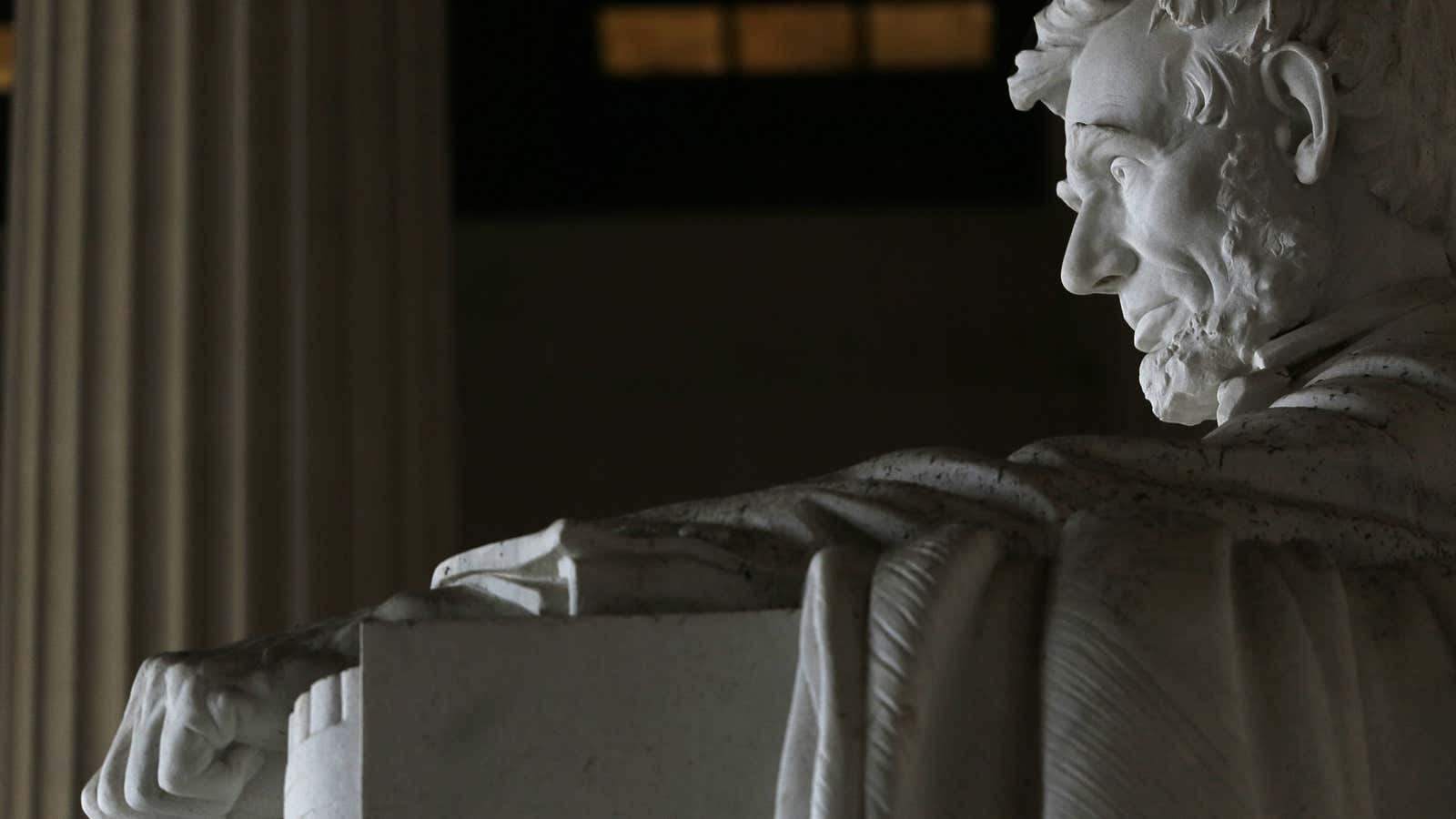 Former U.S. President Abraham Lincoln’s statue at the Lincoln Memorial is seen in Washington March 27, 2015. The 170-ton, 19-foot-high statue, formed from 28 blocks…