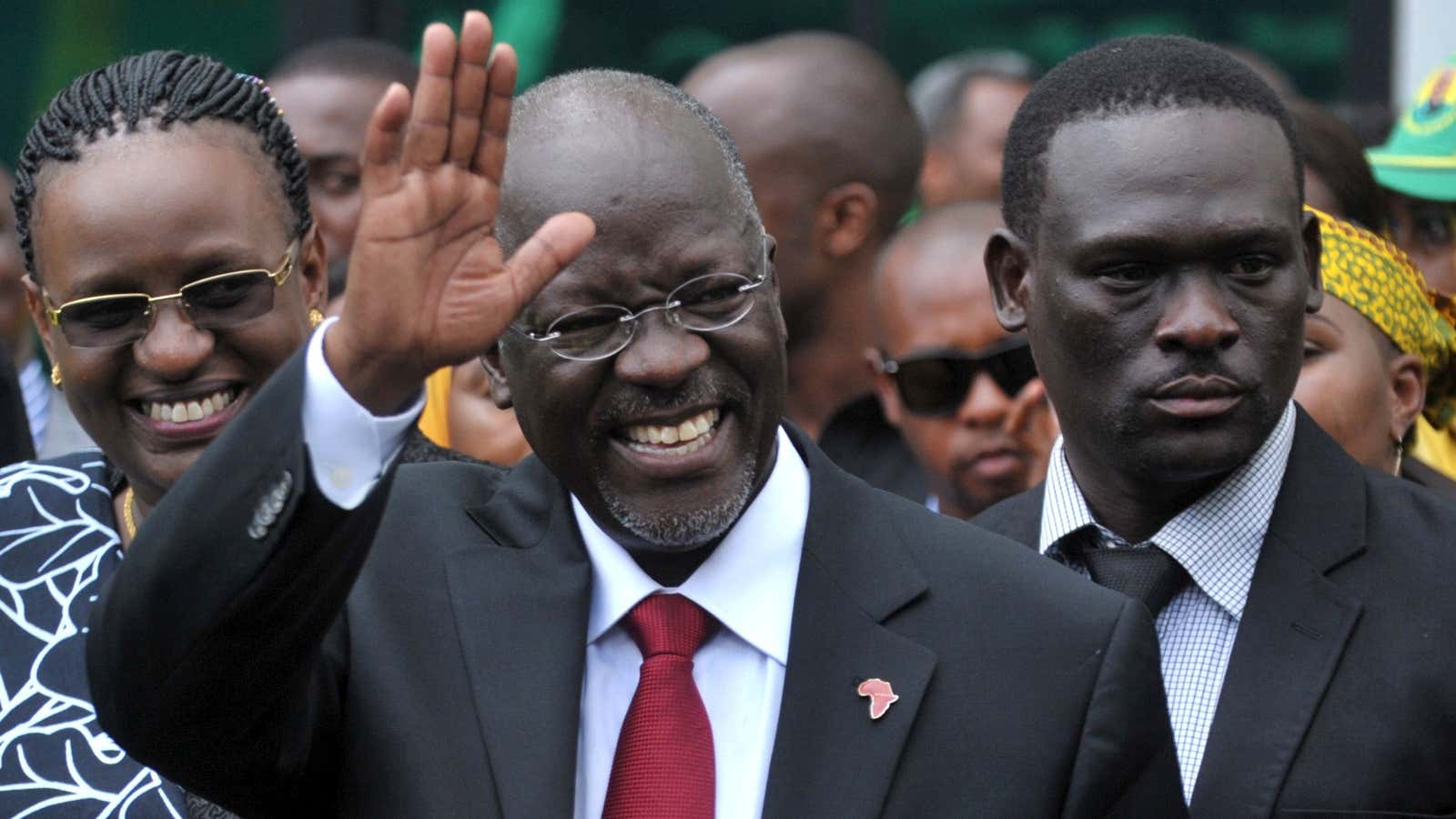 Tanzania’s President John Pombe Magufuli salutes party members after winning in 2015