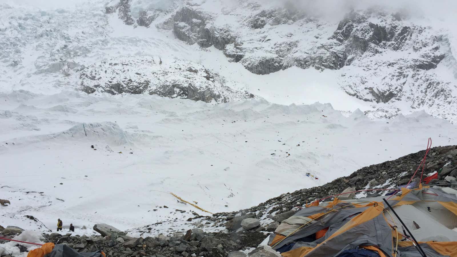 The wind from the avalanche blew debris onto the far reaches of the Khumbu glacier.