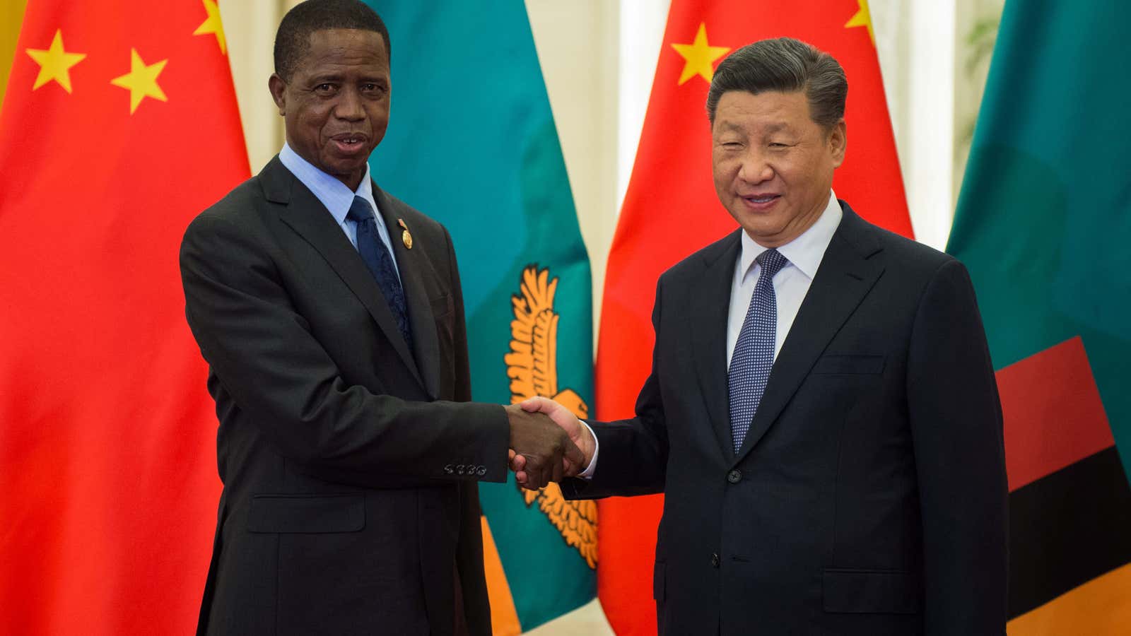 Zambia’s President Edgar Lungu with China’s President Xi Jinping in Beijing, China Sept 1, 2018.