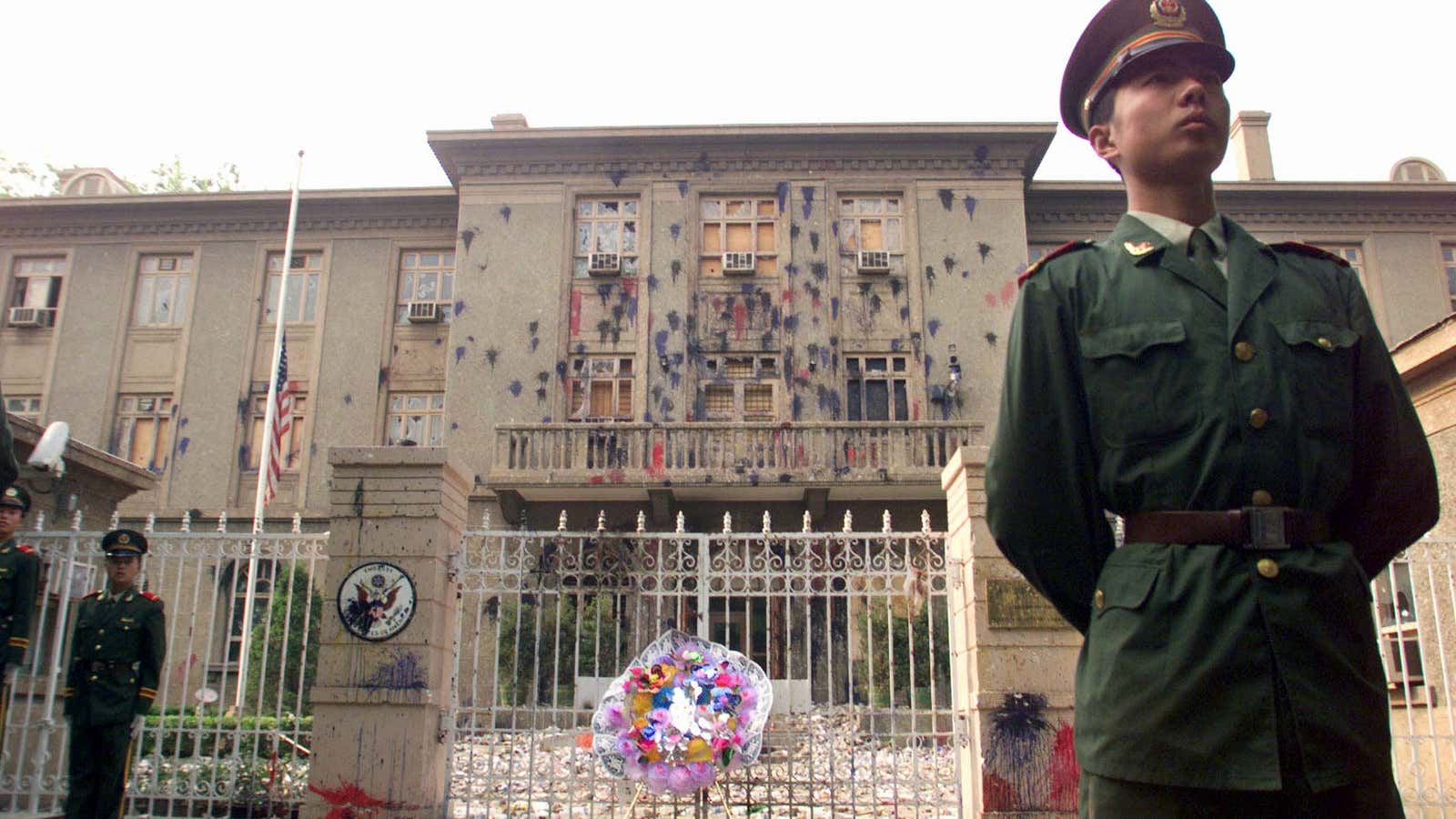 The US embassy in Beijing, defaced.