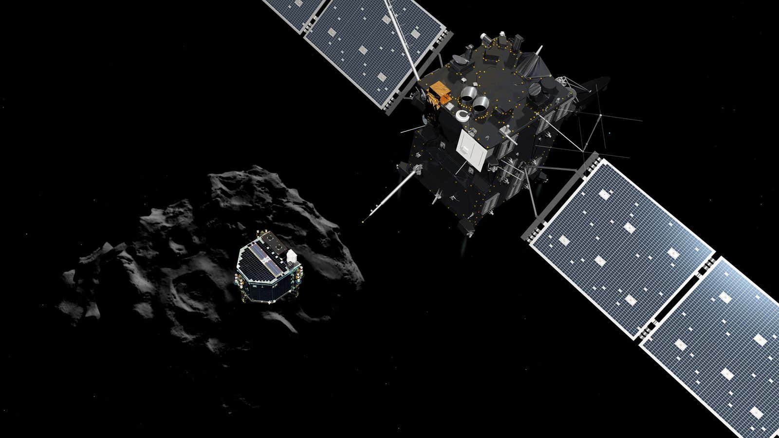 Artist rendering of the Philae lander detaching from the Rosetta orbiter.