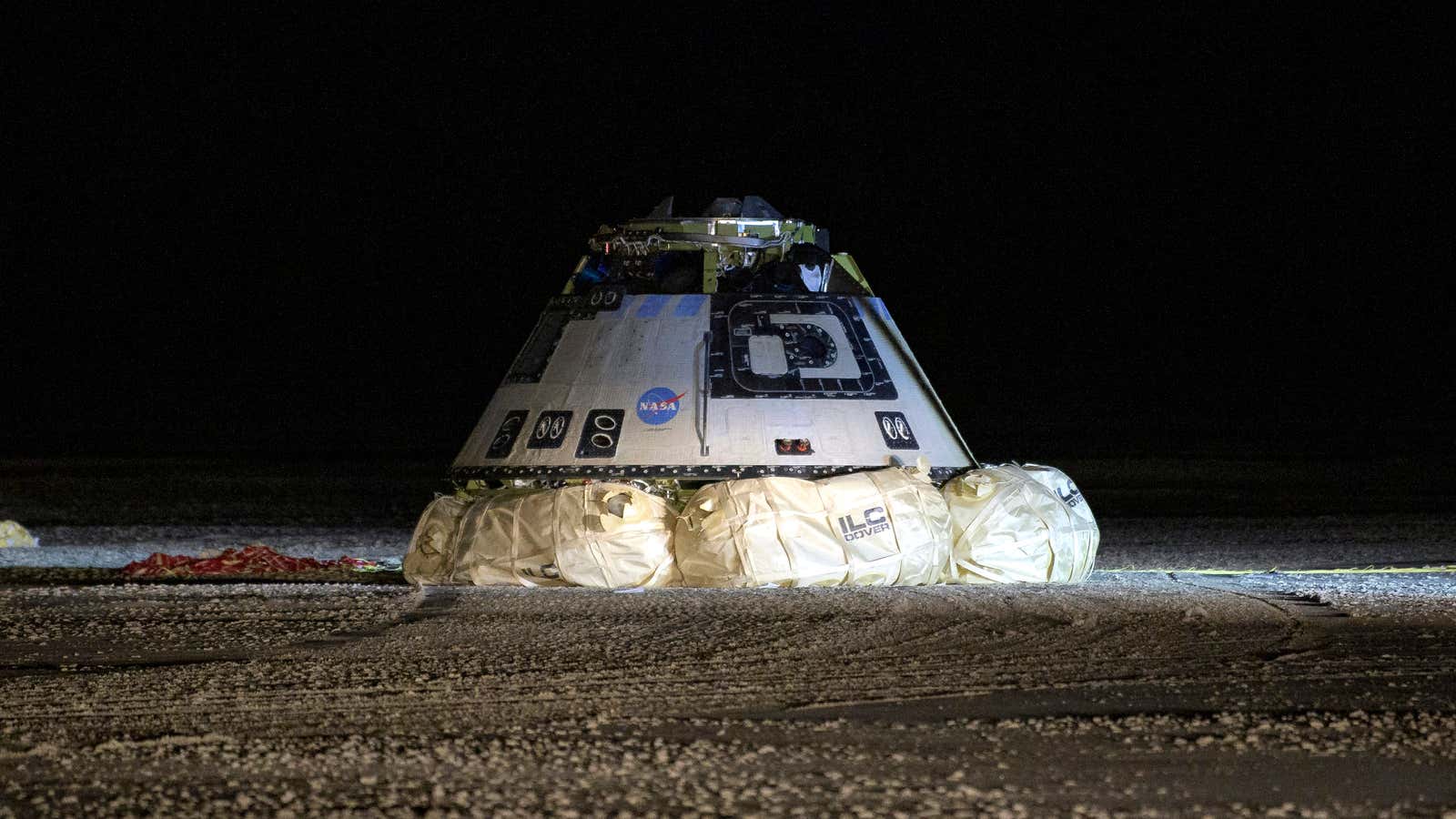 The Starliner on the ground in New Mexico after returning from its close call in orbit.