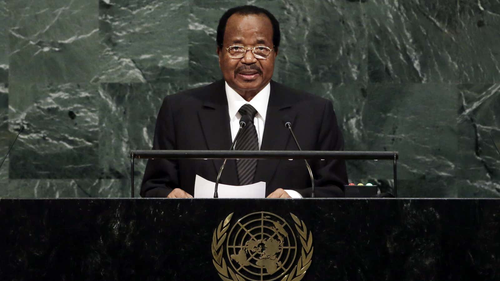 Paul Biya speaks at the UN, on one of his many foreign trips.