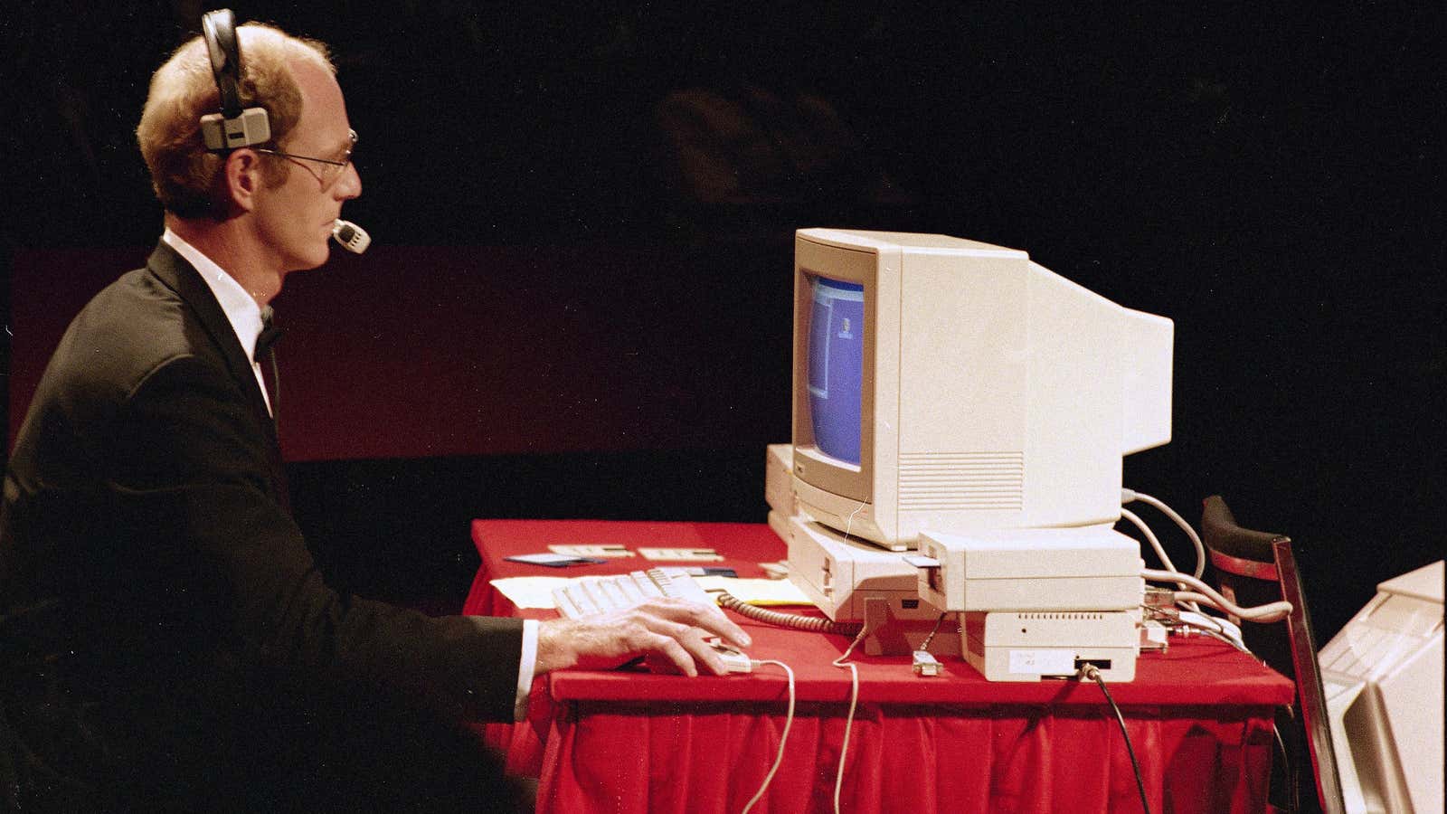 In New York at Lincoln Center commodore “Amiga” computers debuted their new computer photo shows operator running programs on “Amiga” during presentation show on July…