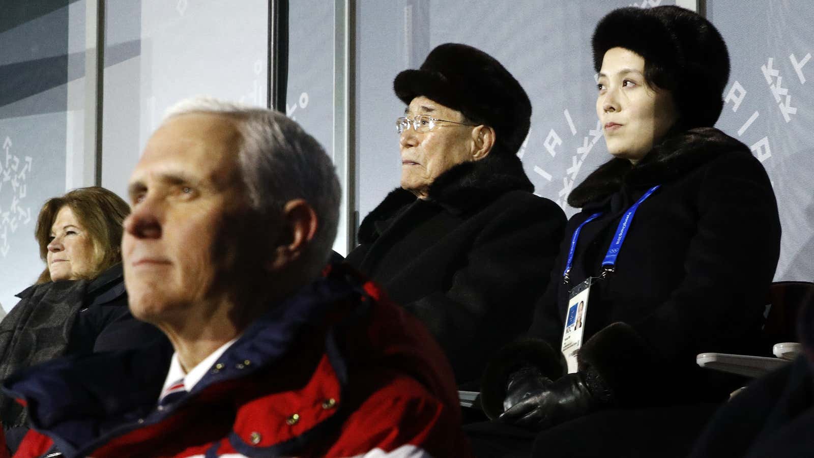 Vice president Mike Pence sits in front of Kim Yo Jong, sister of North Korean leader Kim Jong Un.