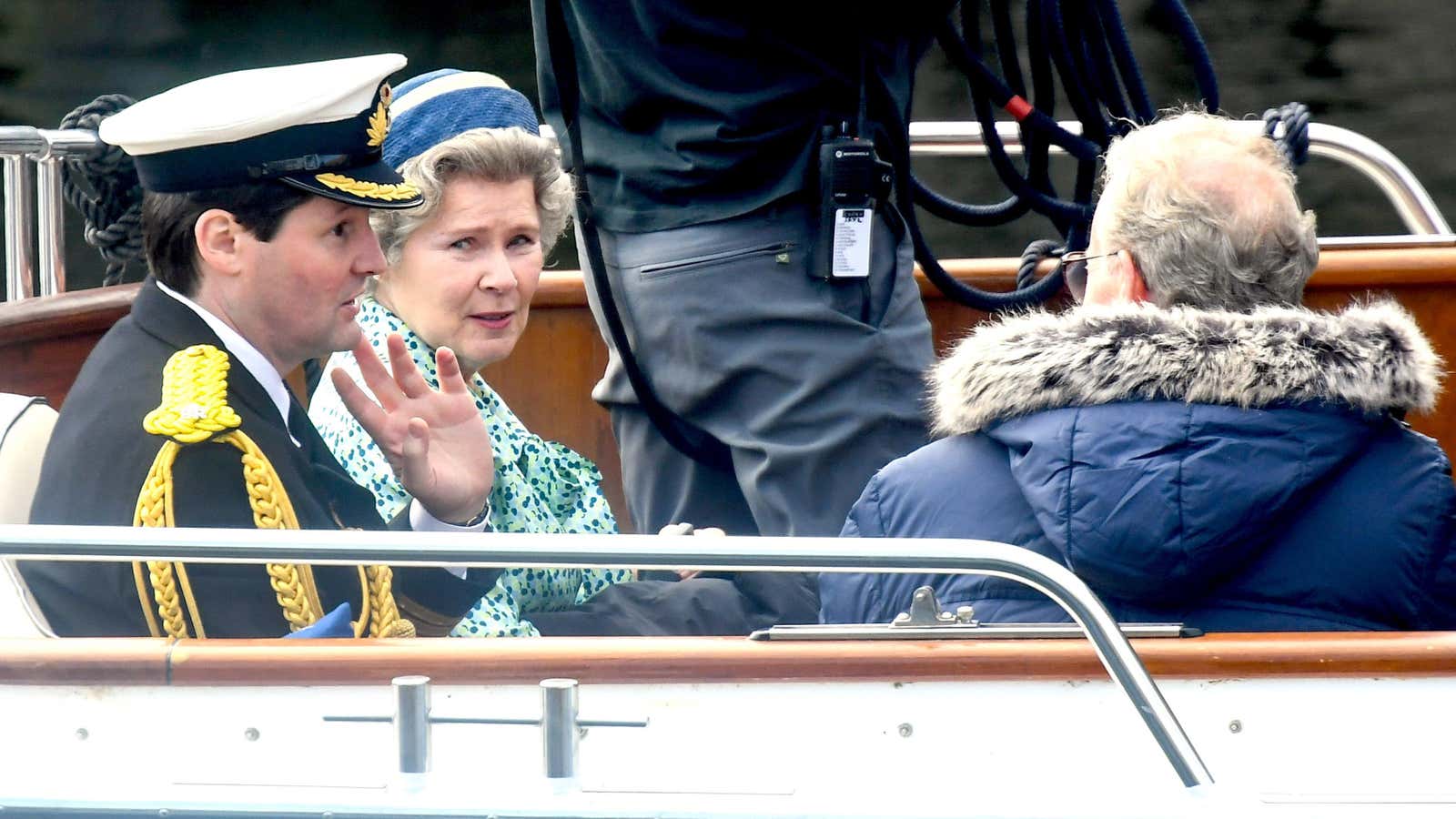 Actor Imelda Staunton (center) as Queen Elizabeth II on the set of Netflix&#39;s &quot;The Crown&quot;