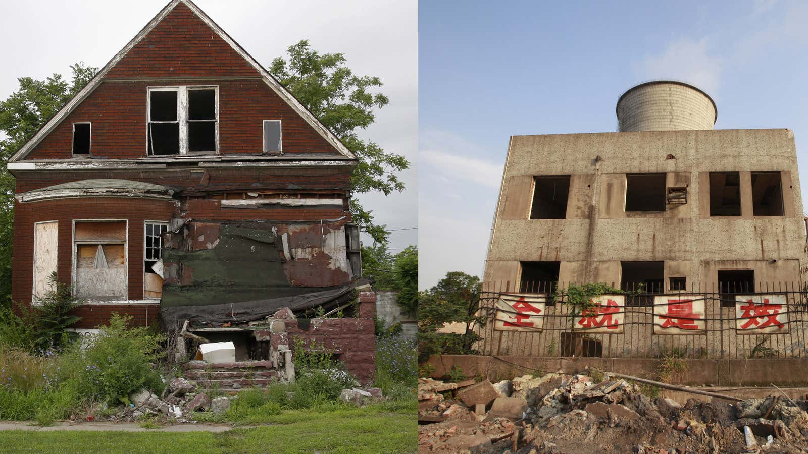 Abandoned buildings in Detroit (left) and Wuxi (right).