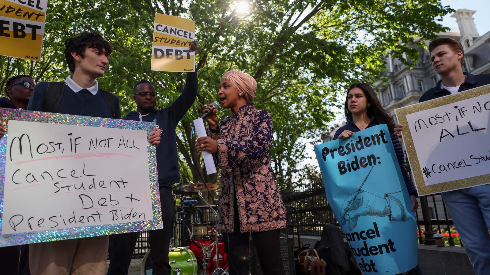 Representative Ilhan Omar (D-MN) speaks activists at a demonstration outside the White House.
