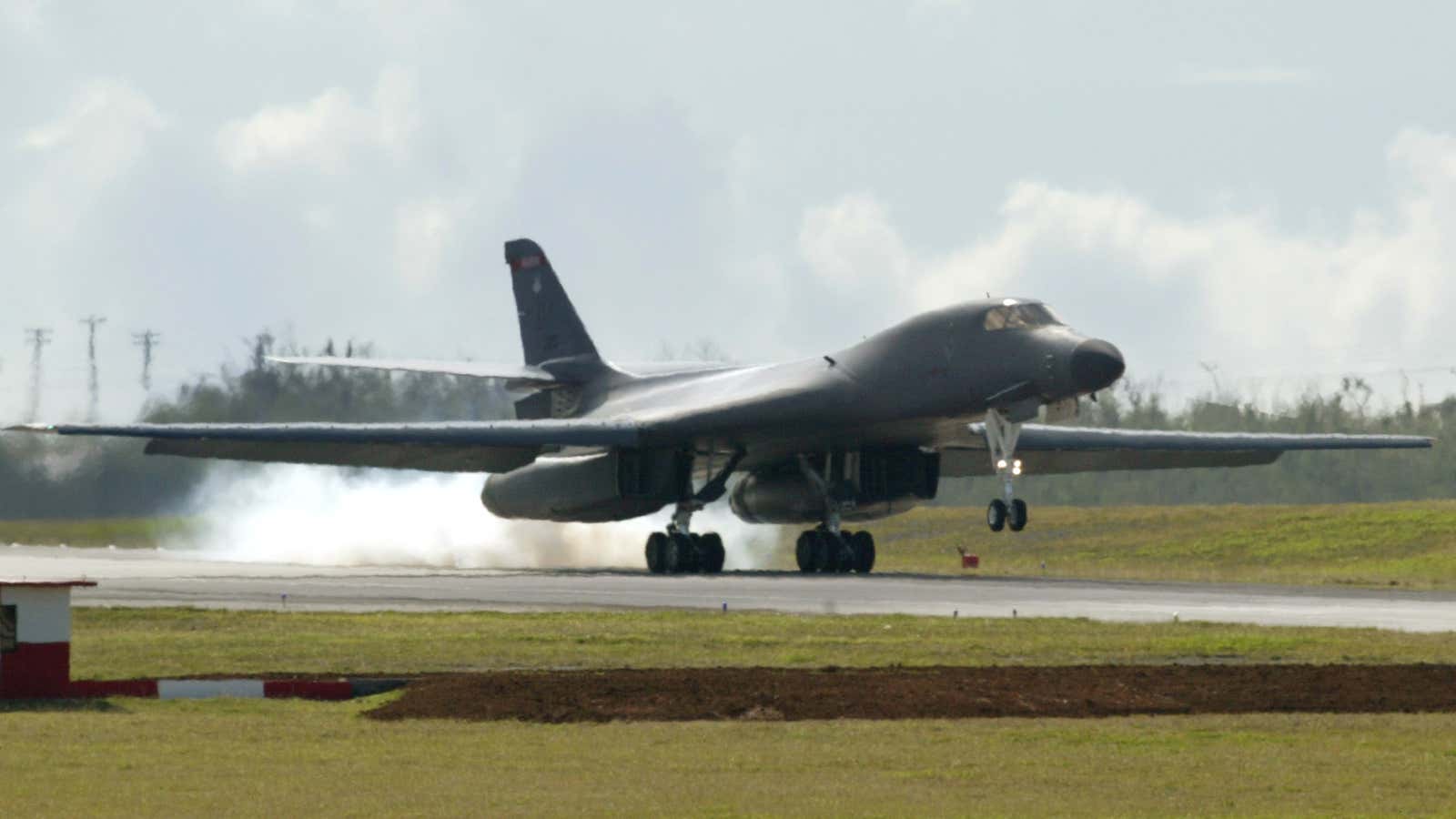 A US Air Force B-1 bomber lands at the Andersen Air Base in Guam, 2491 kms east of the Philippines. 
