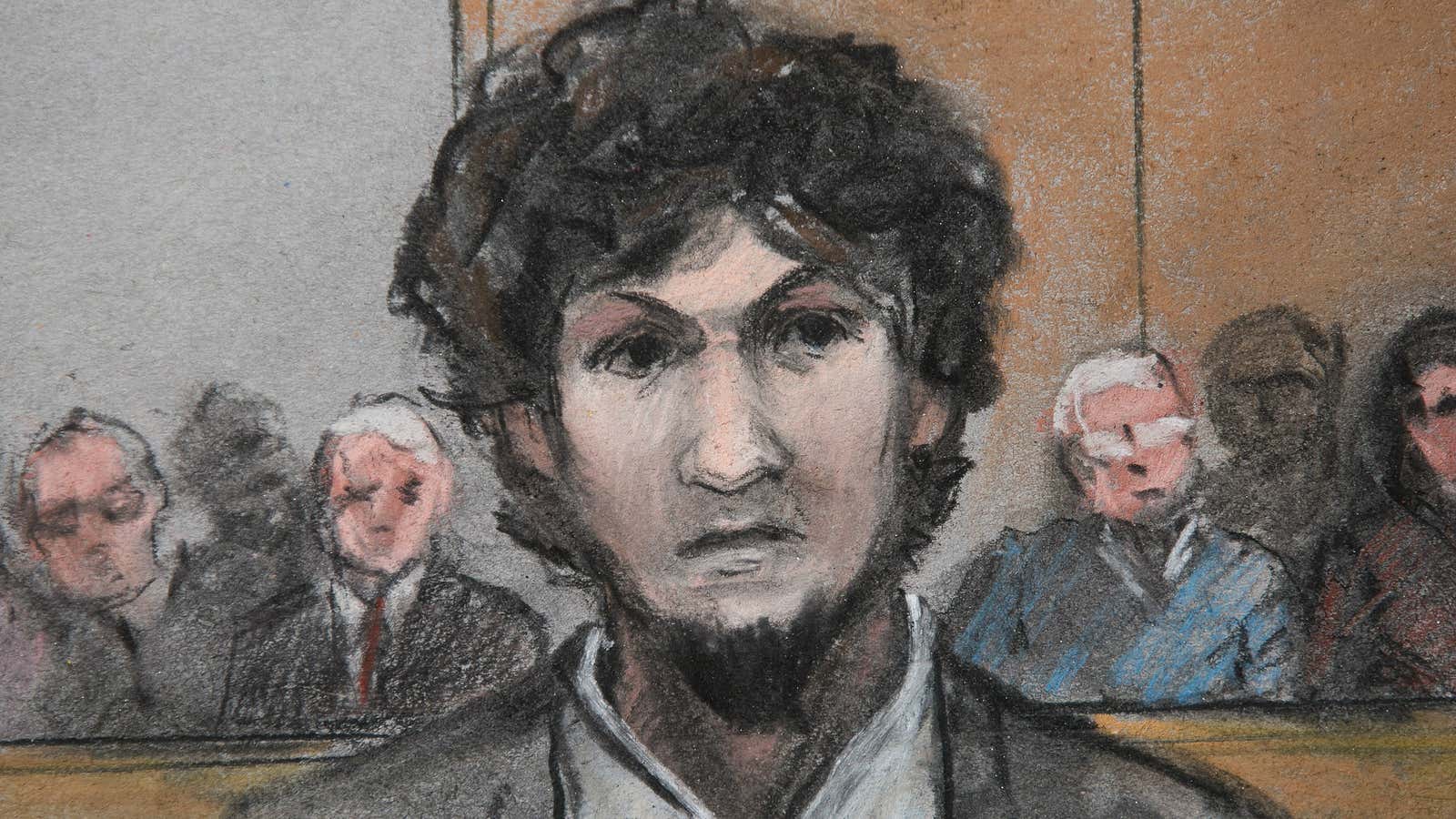 A courtroom sketch of convicted Boston Marathon bomber Dzokhar Tsarnaev.