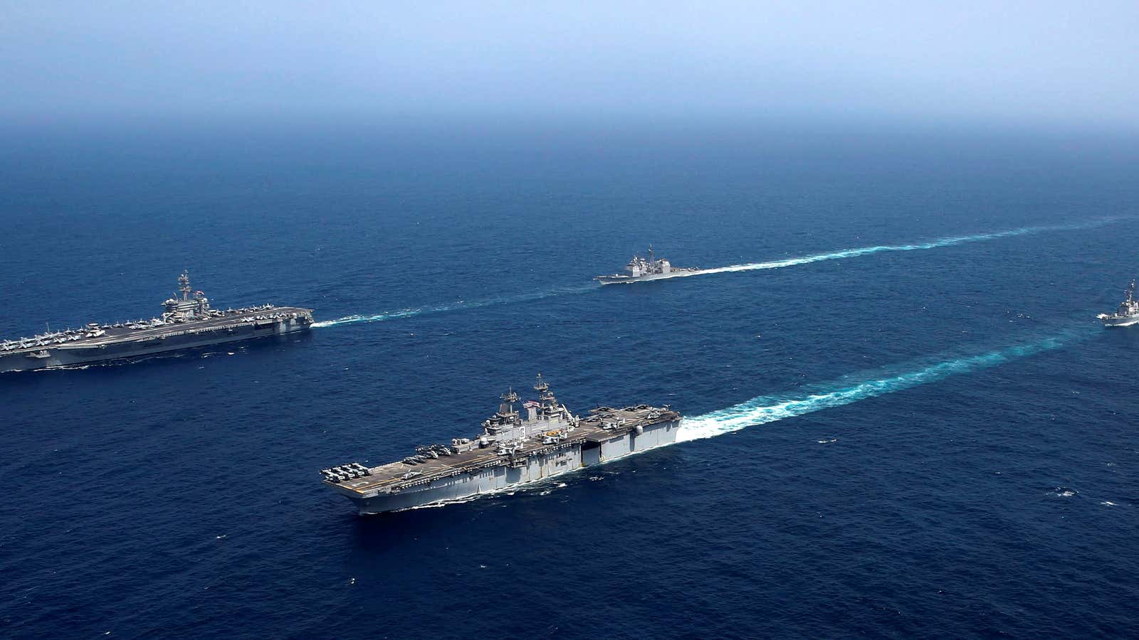A Navy carrier strike group conducts operations in the Arabian Sea on May 17, 2019.