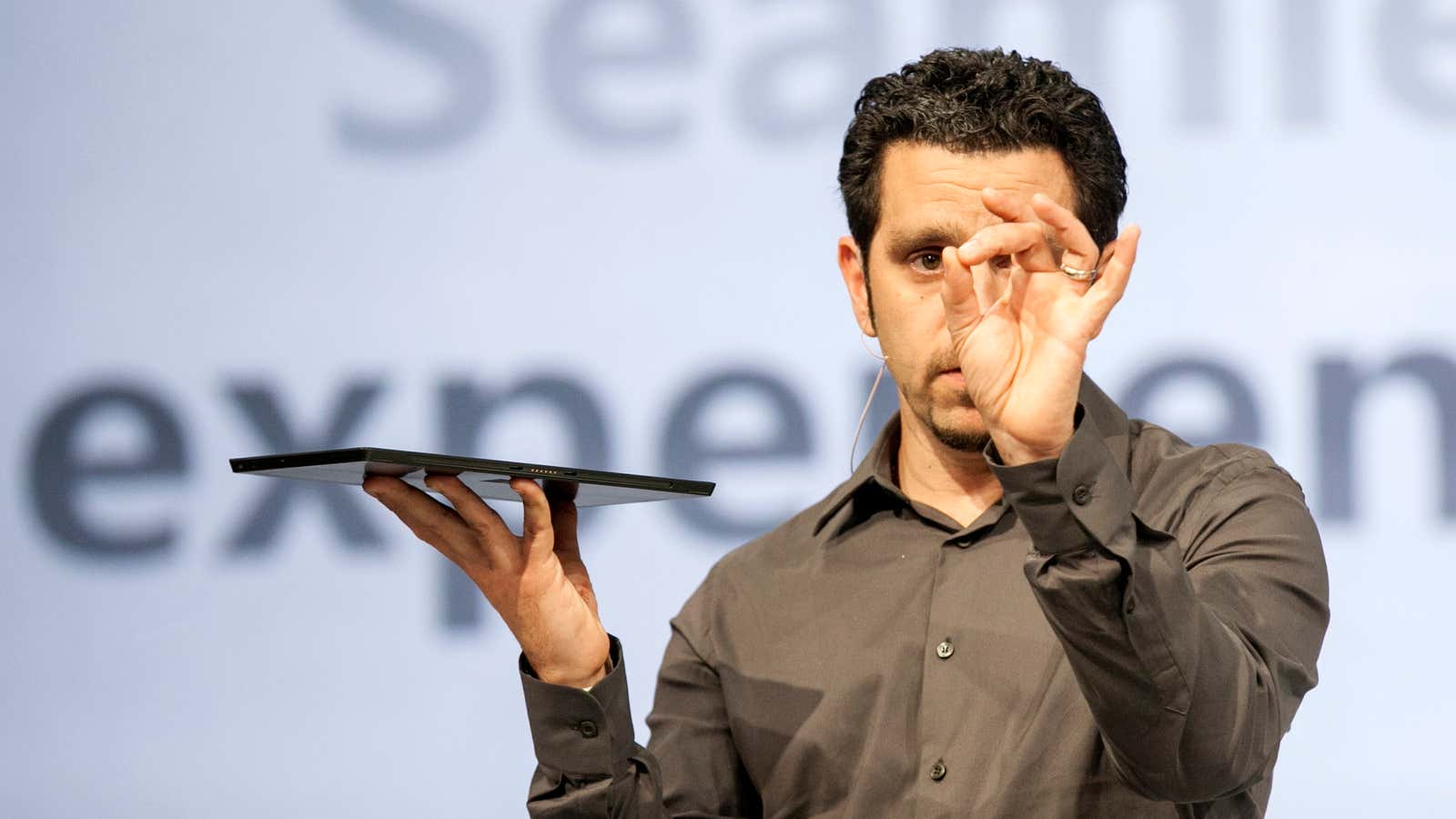 Panos Panay, head of Microsoft’s Surface division, shows how little storage is left on the Surface Pro once Microsoft is done filling it with bloatware.