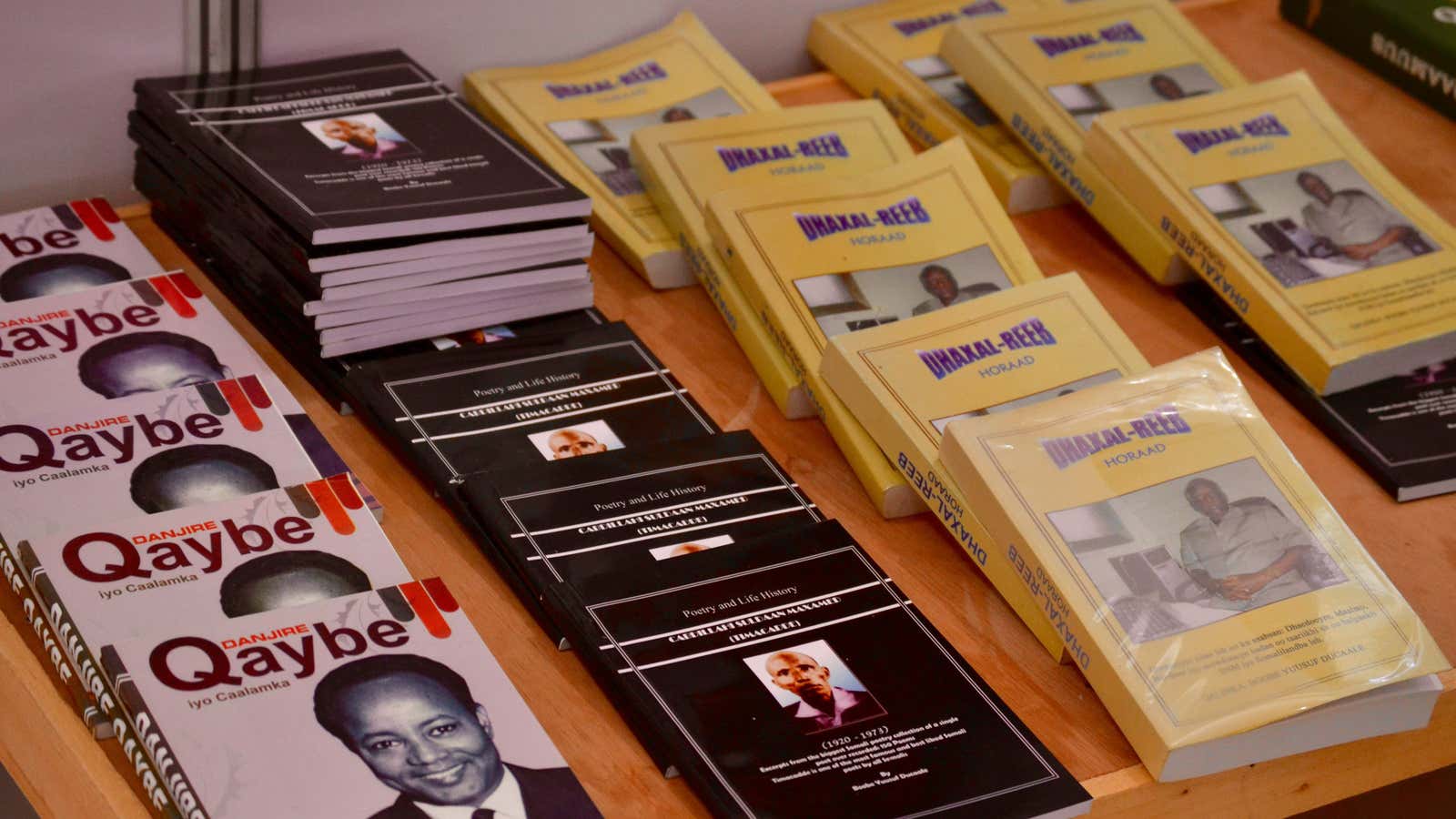A selection of Somali-language books for sale at the Hargeysa International Book Fair.