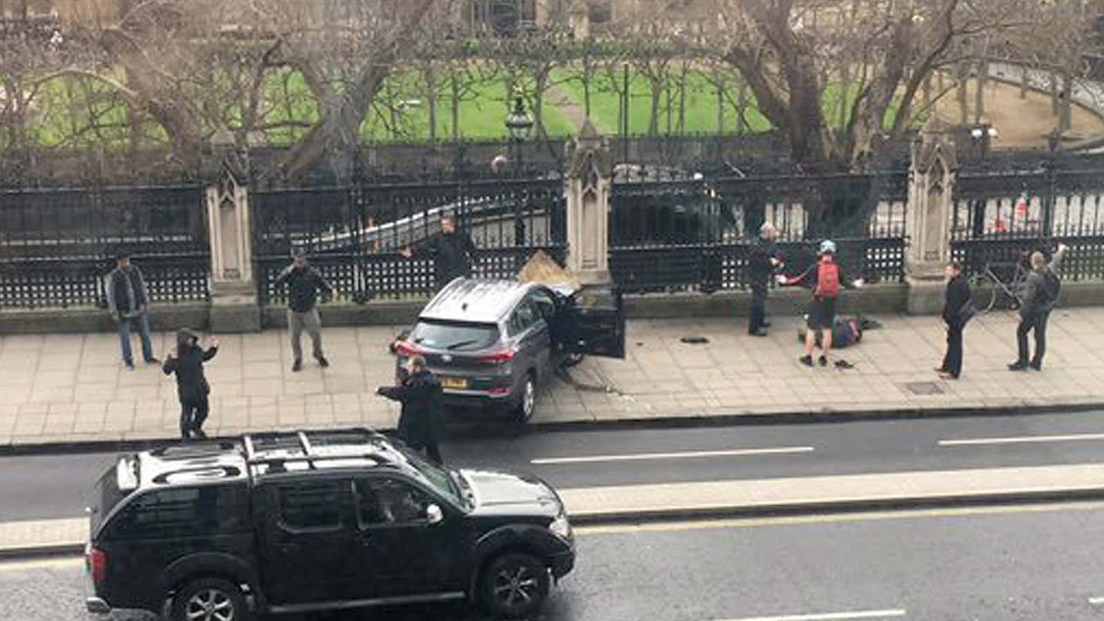 Car used in the attack after being crashed into the side of British parliament.
