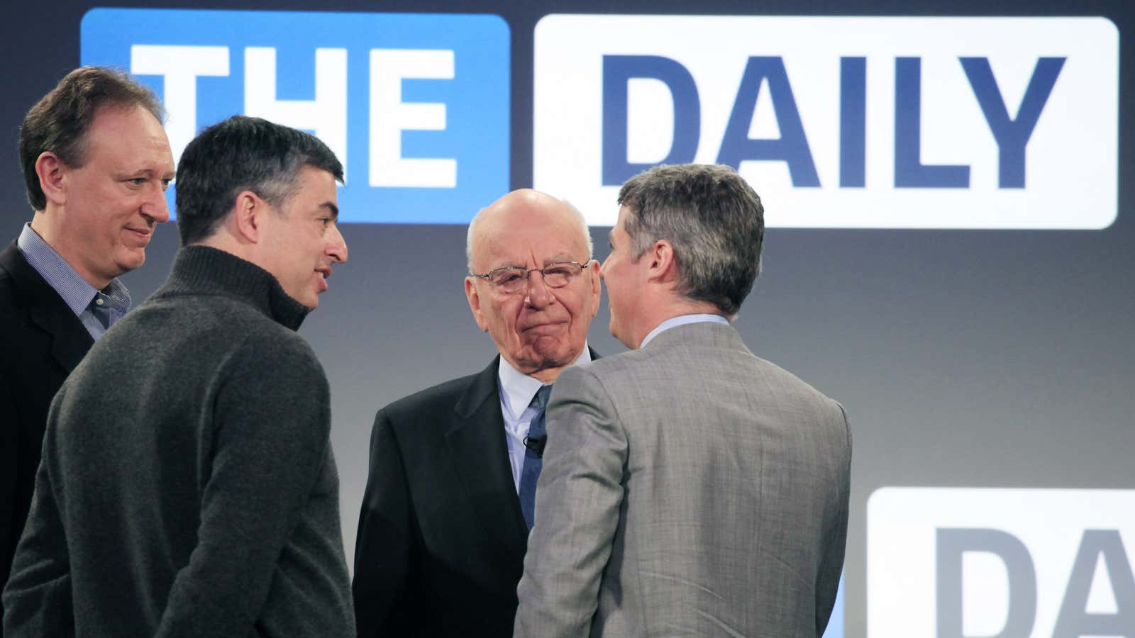 In better days: former News Corp. CDO Jon Miller, Apple SVP Eddy Cue, News Corp. CEO Rupert Murdoch, and The Daily editor-in-chief Jesse Angelo