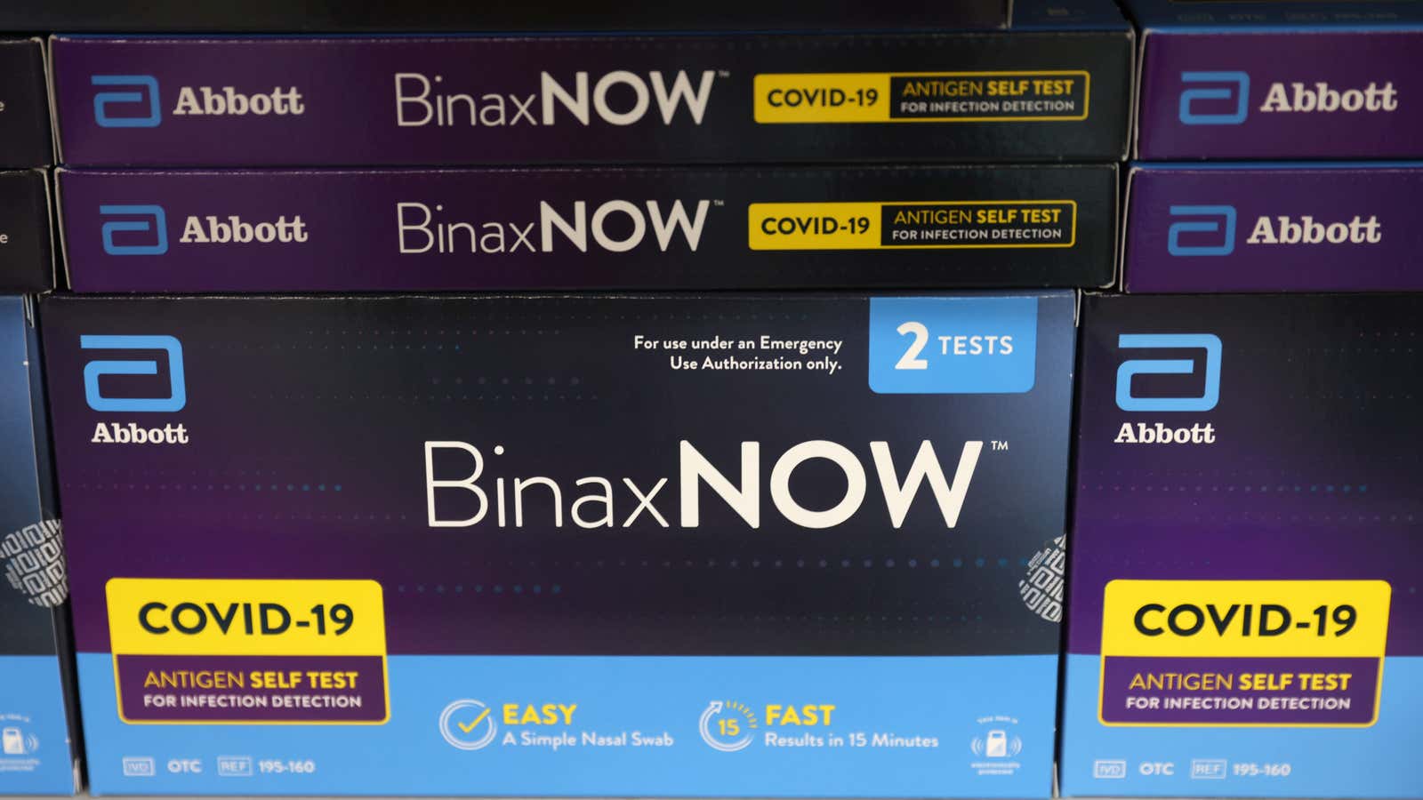 Packages of BinaxNOW COVID-19 Antigen Self Test, manufactured by Abbott Laboratories, are seen in on a store shelf.