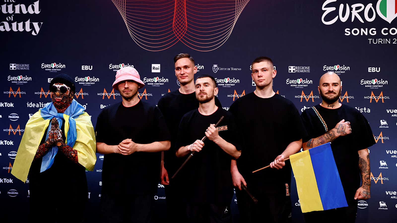 Kalush Orchestra from Ukraine pose for photographers after winning the 2022 Eurovision Song Contest, in Turin, Italy, May 15, 2022. REUTERS/Yara Nardi