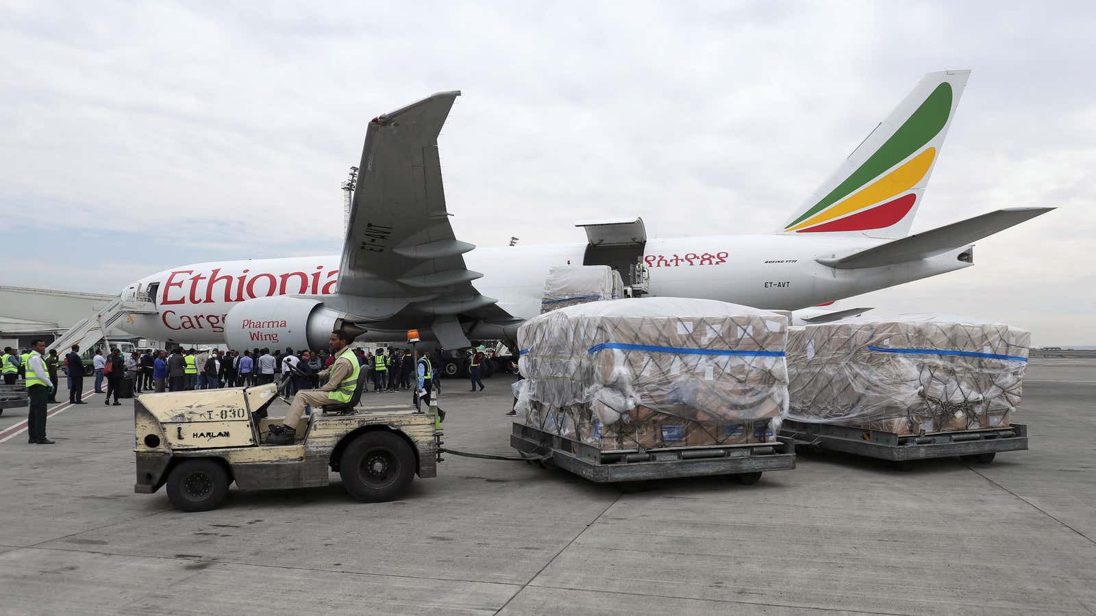 A medical donation from Chinese billionaire Jack Ma and Alibaba Foundation to Africa for coronavirus testing arrives at Addis Ababa, Ethiopia Mar. 22.