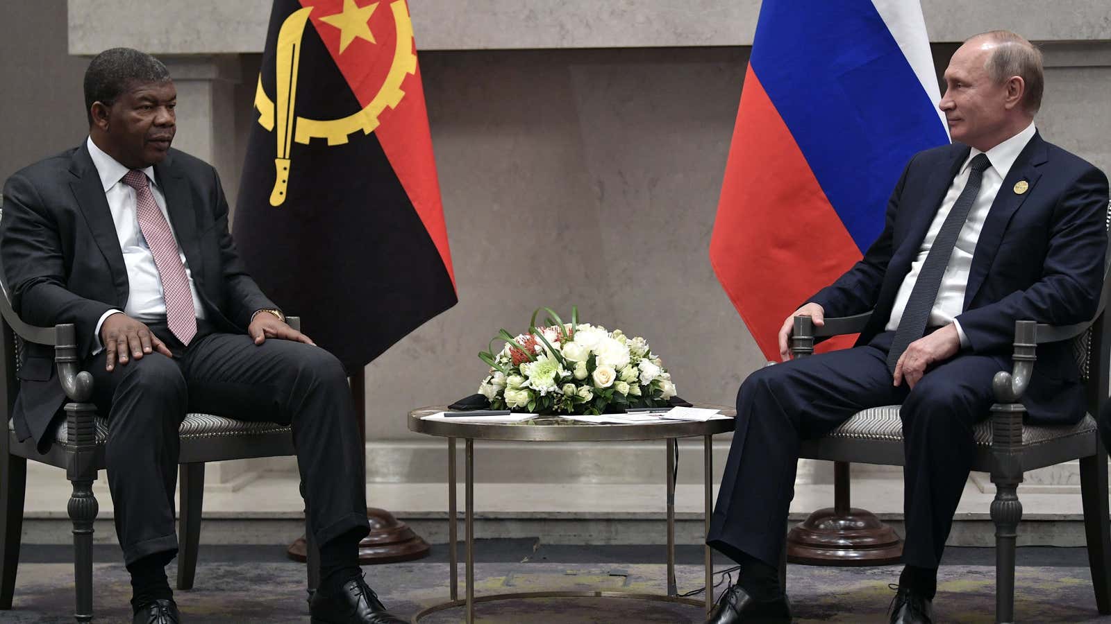 Russia’s President Vladimir Putin (R) meets with Angola’s President Joao Lourenco on the sidelines of the BRICS summit in Johannesburg, South Africa July 26, 2018.