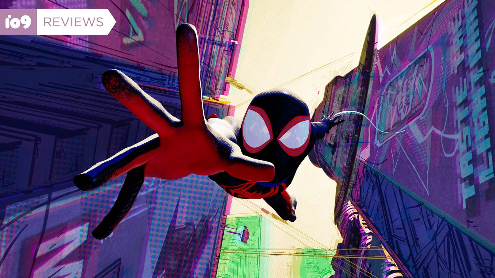 Miles Morales soaring through the air in Spider-Man: Across the Spider-Verse.