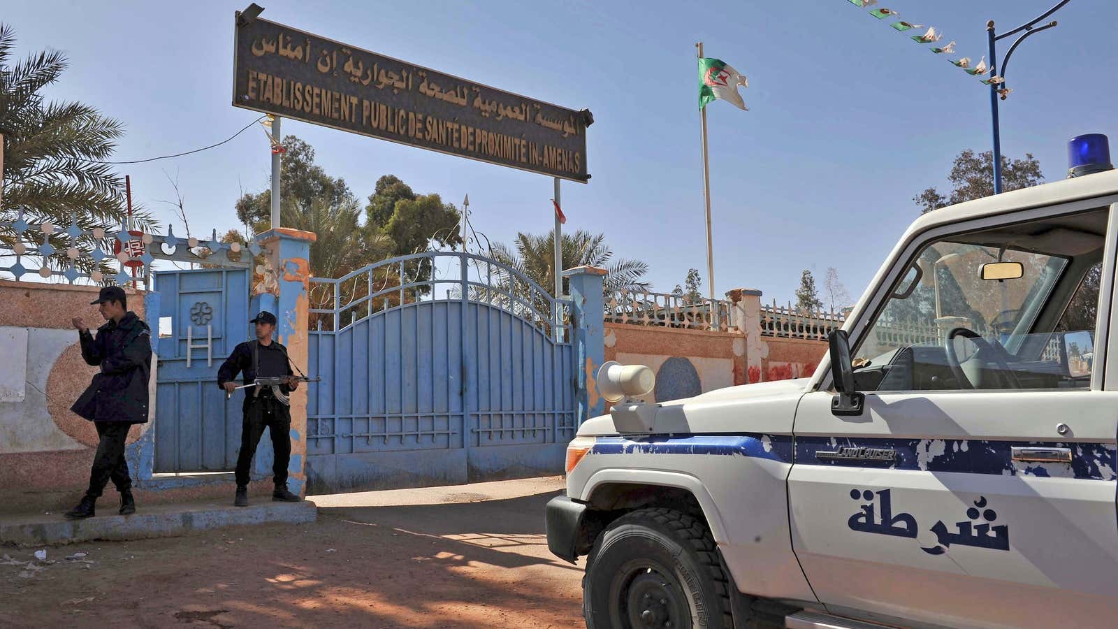 Algerian police guard a hospital in Ain Amenas after the kidnapping at a gas plant ended with a raid by Algerian forces.