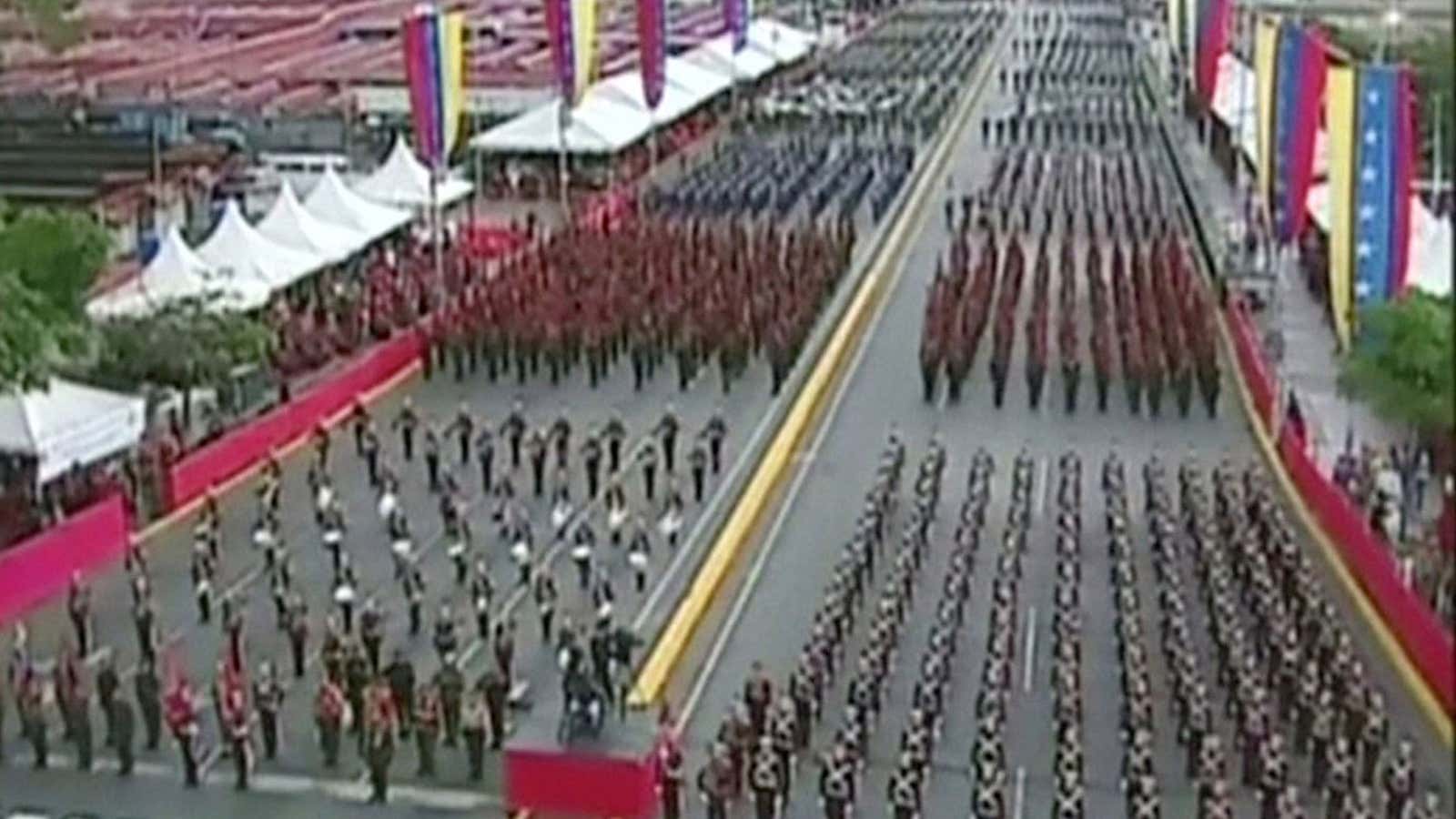 Venezuelan National Guard soldiers seen during an event which was interrupted, in this still frame taken from video August 4, 2018, Caracas, Venezuela. VENEZUELAN GOVERNMENT…