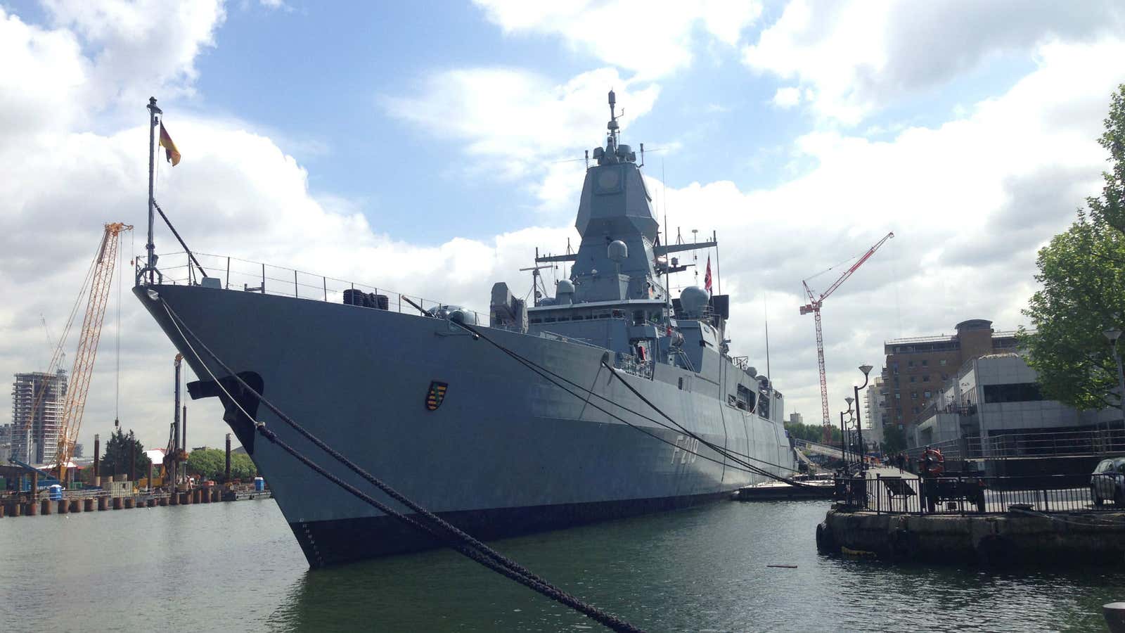 The Sachsen class frigate F129, also called Sachsen, berthed in London’s Canary Wharf district.