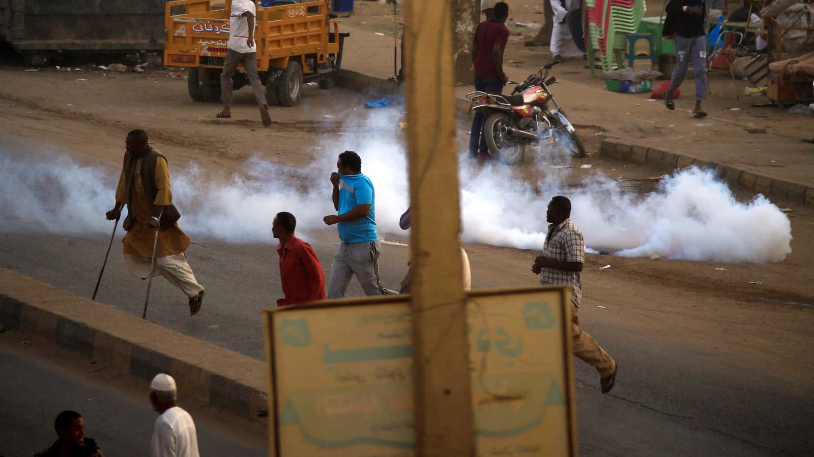 A tear gas canister fired to disperse Sudanese demonstrators, during anti-government protests in the outskirts of Khartoum, Sudan Jan. 15, 2019.