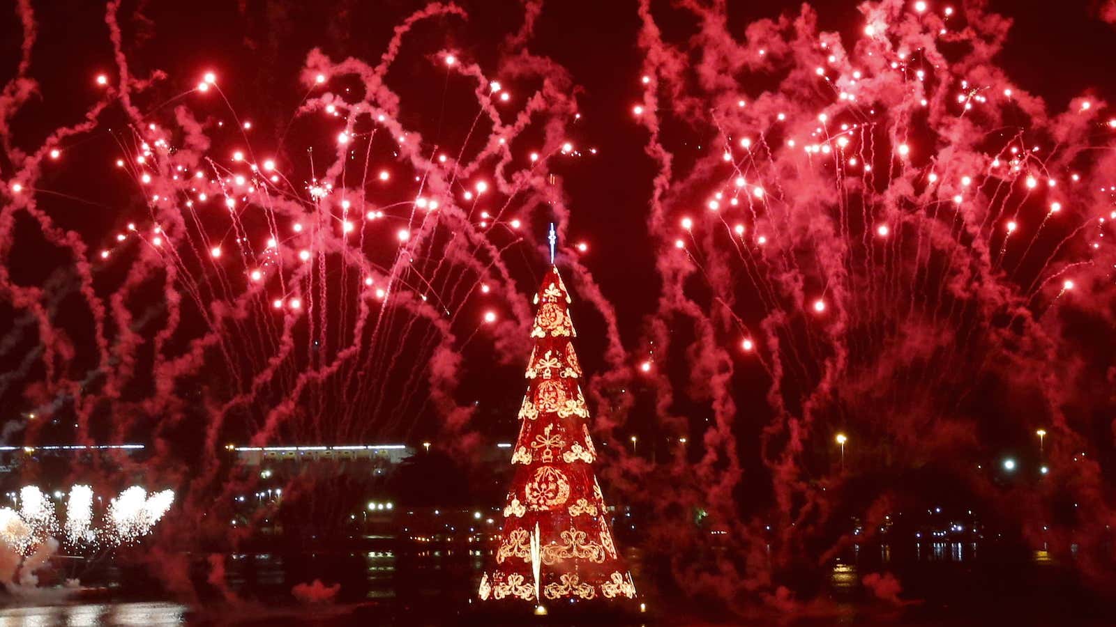 Fireworks explode around Rio’s Christmas tree on Dec. 12.