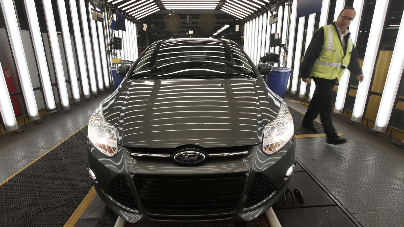 Ford Focus on the assembly line in in Wayne, Mich.