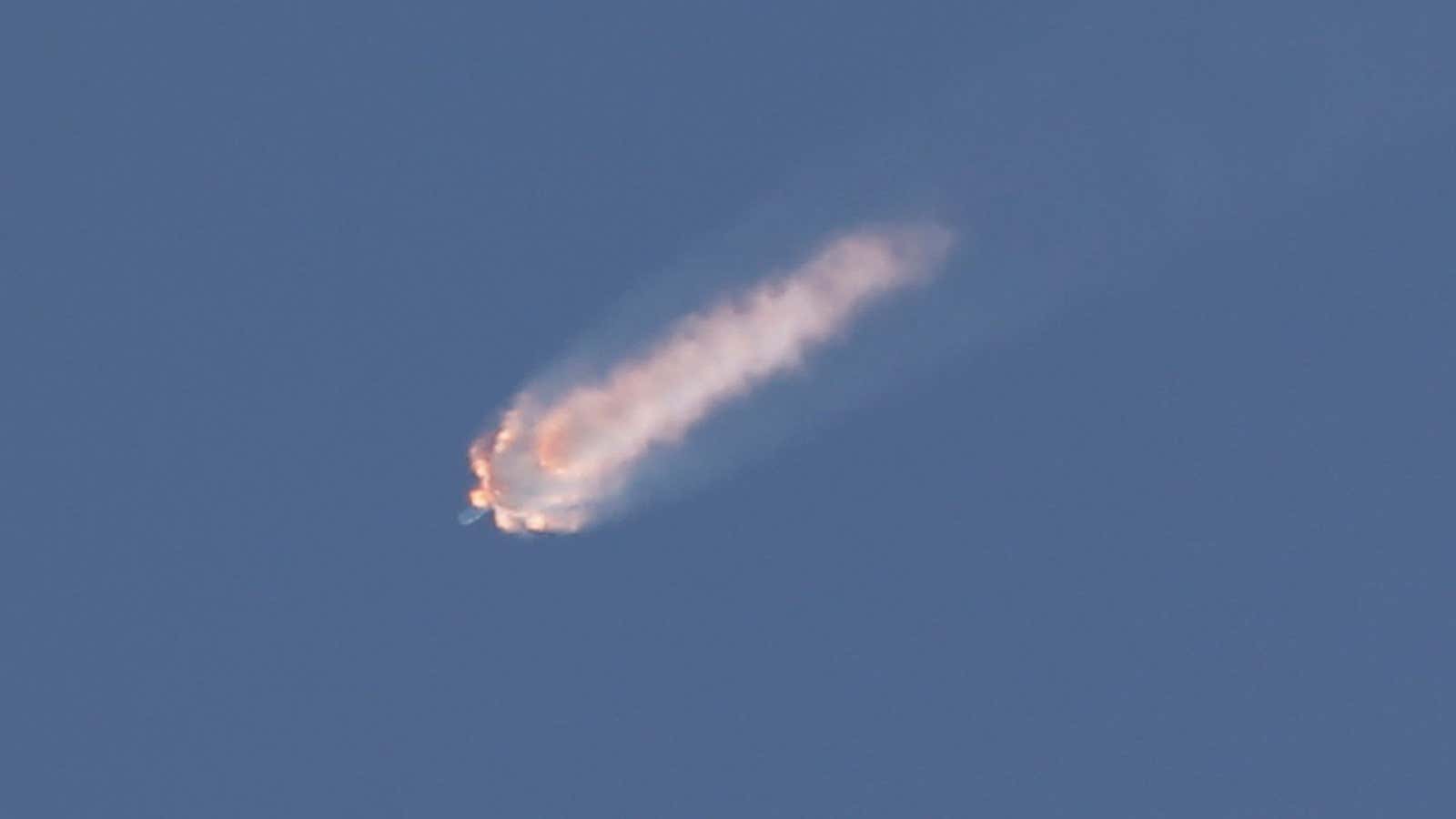 SpaceX’s Falcon 9 rocket and Dragon spacecraft breaks apart shortly after liftoff.