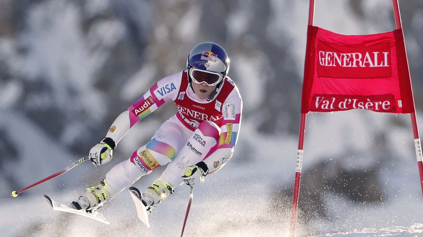 Lindsey Vonn tears into a race course on her strong legs.