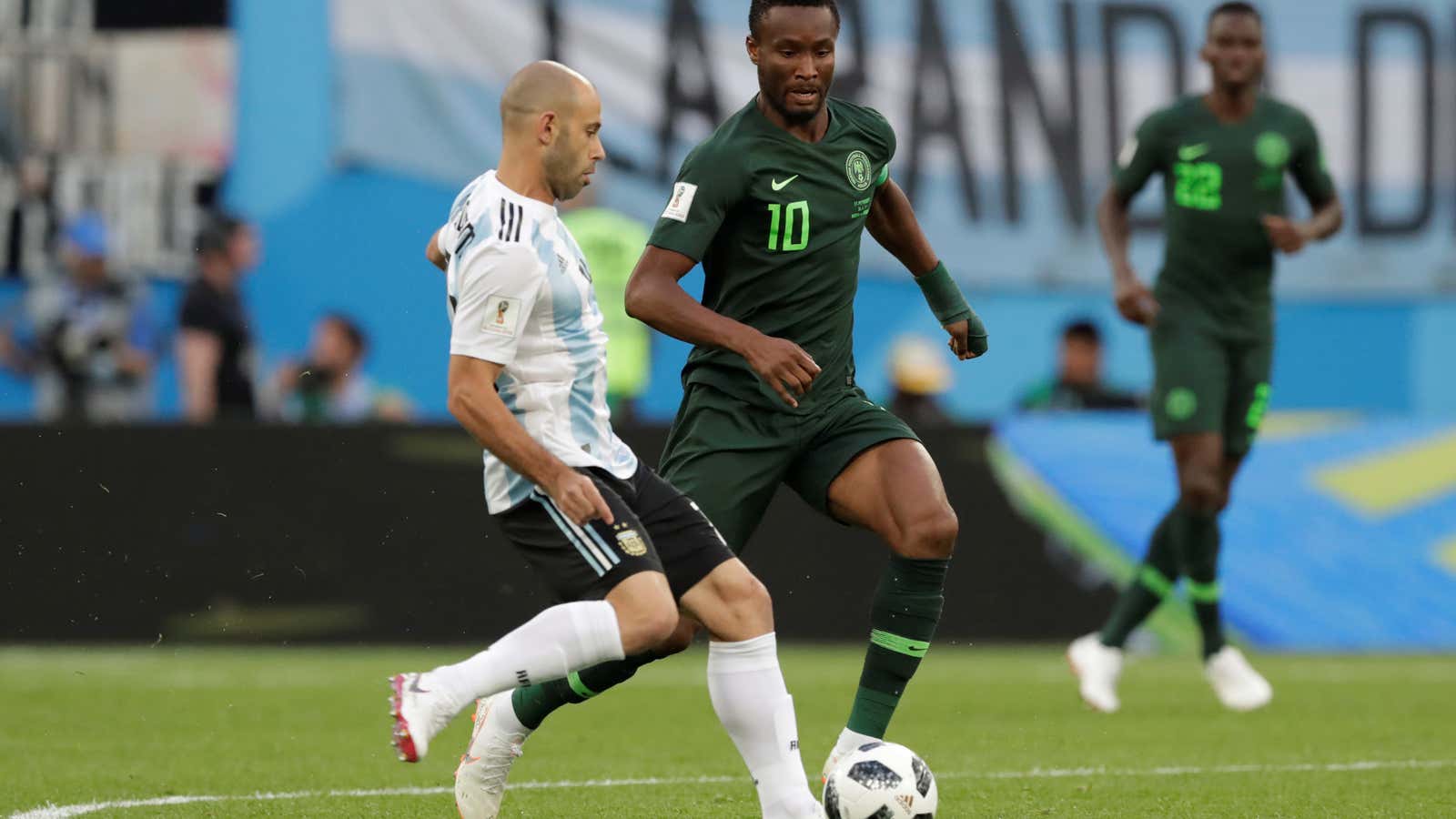 John Obi Mikel in action against Argentina at the World Cup.