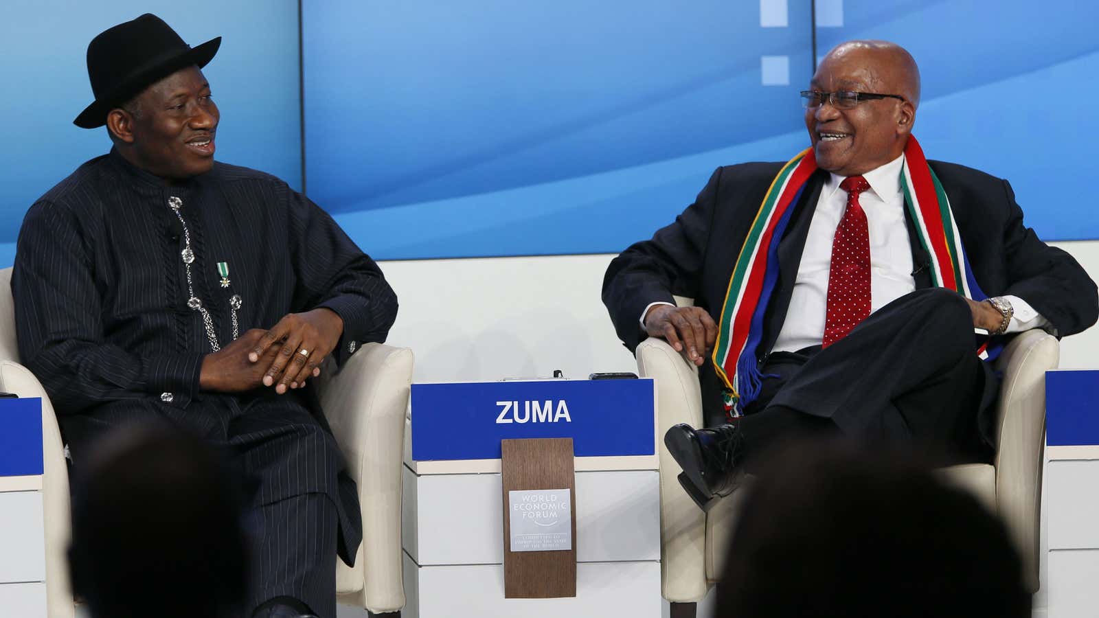 Goodluck Jonathan (left) and Jacob Zuma at the World Economic Forum.