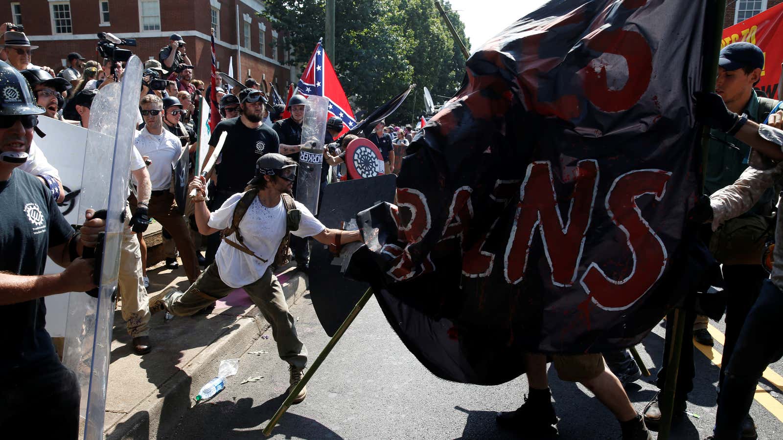 Members of white nationalists clash against a group of counterprotesters in Charlottesville.